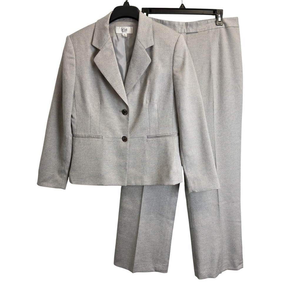 Le Suit Petite Womens 8P Gray Textured 2 Piece Pant Suit Blazer Trousers Set